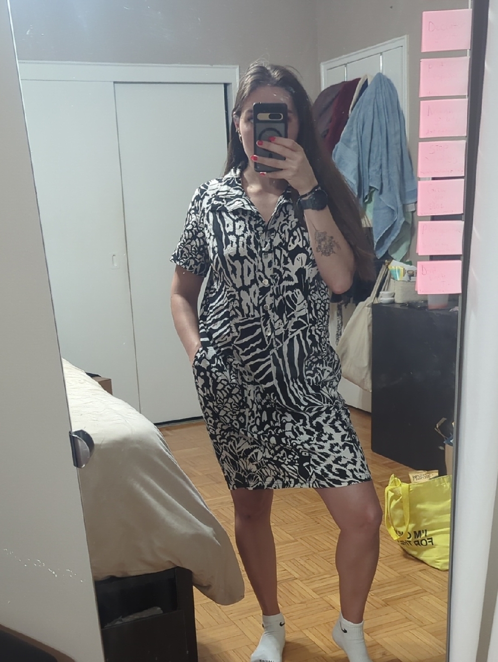 Black & White Animal Print Midi Shirt Dress